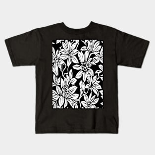 Black and White Floral Lino Print Kids T-Shirt